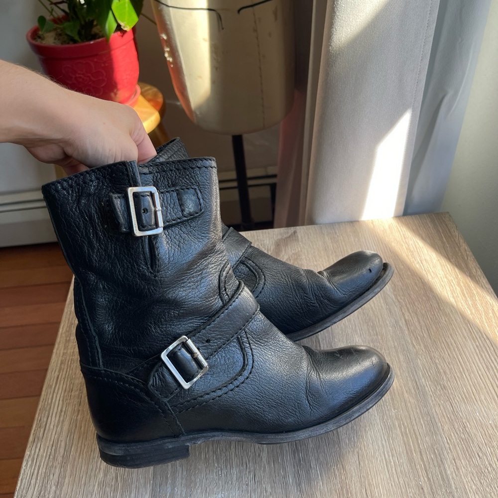 PRADA black Leather Buckle Boots